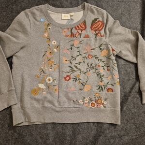Anthropologie Grey Sweatshirt with Pink & Red Floral Embroidery